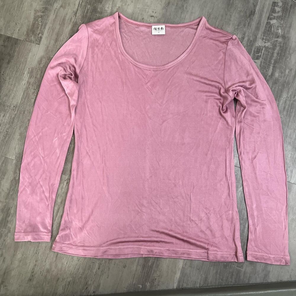 Long Sleeve Satin Crewneck TShirt Pink Size Medium